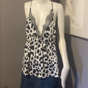 cow print slip top with lace
